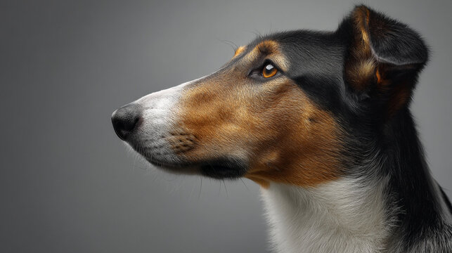 Studio Profile Portrait of a Smooth Tricolor Collie Dog looking Sideways