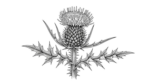 Detailed monochrome botanical illustration of a thorny thistle plant, showcasing its distinctive flower head and spiky leaves in a vintage engraving style.