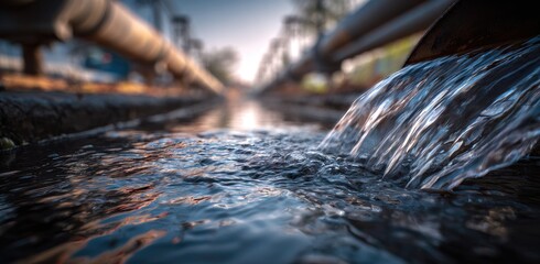 Water flows from an industrial pipe into a channel