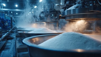 Industrial process fine white powder being poured into metal basins in a factory