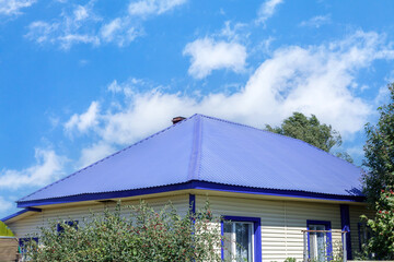 A small house with a blue metal roof and a blue window in a Siberian village. The house is surrounded by trees and bushes.