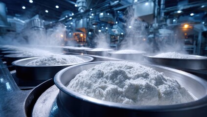 Industrial production of a white powder substance in large steaming vats