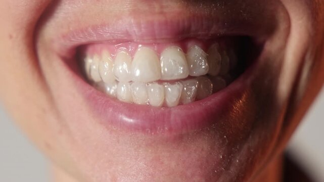 Woman uses dental trays for teeth whitening at home. Girl pours peroxide solution from syringe and applies on teeth, smiling to camera. Neutral background. Female holds trays in a purple case.