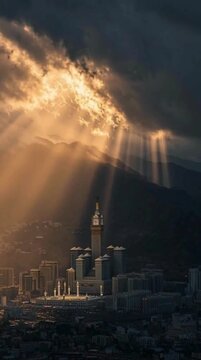Golden hour light breaking through dramatic clouds showing Bait Ullah, Makkah. Eid or Muslim Islam related festival greeting video, copy space.