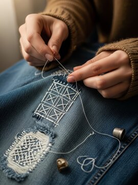 Hands performing visible mending on denim using white sashiko embroidery in a grid pattern. Ideal for sustainable fashion blogs, DIY craft tutorials, and zero-waste lifestyle articles.