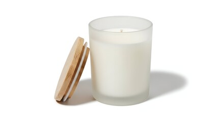 Soft pastel candle in a glass container with a wooden lid, isolated on a white background