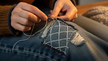 Hands performing visible mending on denim using white sashiko embroidery in a grid pattern. Ideal for sustainable fashion blogs, DIY craft tutorials, and zero-waste lifestyle articles.