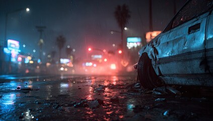 Wet city street at night with abandoned car, neon glow, and rain