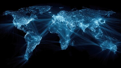 Global network of interconnected cities and routes illuminated at night