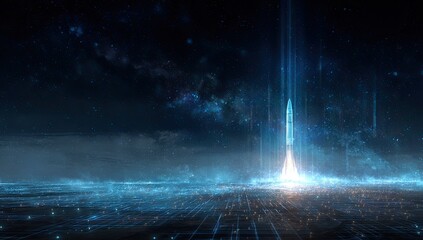 Futuristic rocket ascends into a starry, digital cosmos, emitting bright light