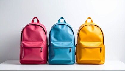 Three backpacks in pink, blue, and yellow with front zippered pockets and top handles on white background.