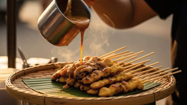 Sate being glazed with sauce on bamboo sticks.