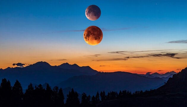 Two moons aligned over mountains at sunset, sky gradients of orange, blue, and violet, trees silhouetted - Powered by Adobe
