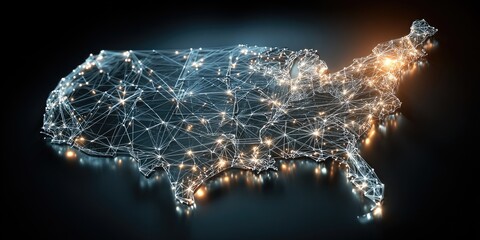 Abstract network overlay on a map of the United States, glowing nodes