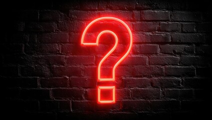 A bright red neon question mark glows on a dark, textured brick wall