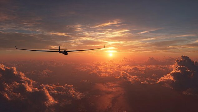 A glider soars through a vibrant sunset above a sea of clouds
