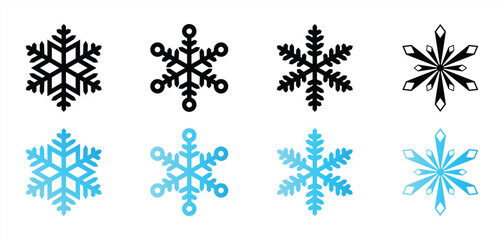 Snowflake Icon Set in Flat and Silhouette Style with Black and Blue Variations