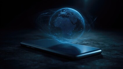 Futuristic holographic globe projected from a sleek smartphone