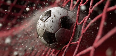 A close-up shot of a dirty soccer ball impacting a red net, scattering debris
