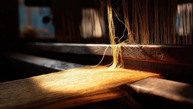 Close up of golden threads on a wooden loom bathed in sunlight