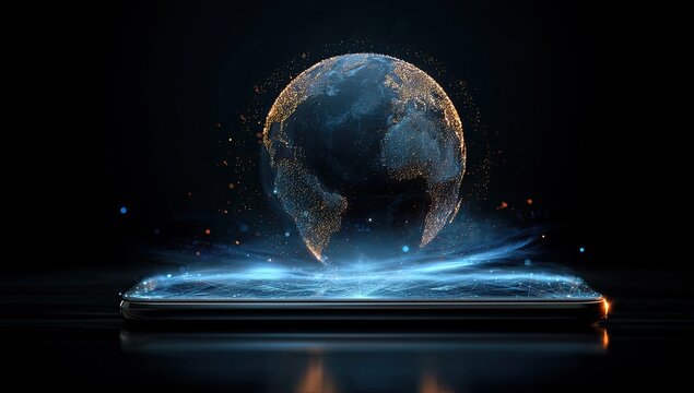 Holographic digital globe levitating above a futuristic smartphone screen - Powered by Adobe