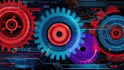 Interlocking illuminated gears and circuitry in a futuristic digital landscape