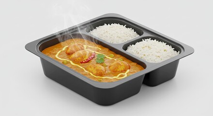 Delicious Indian Chicken Curry with Steaming Rice Meal