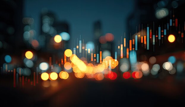 Blurred city lights at night overlaid with a stock market graph - Powered by Adobe