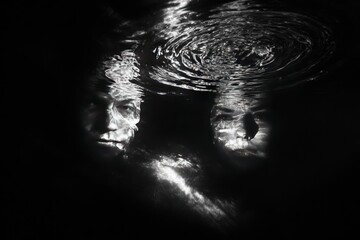 Two faces emerge from dark, rippling water, partially submerged