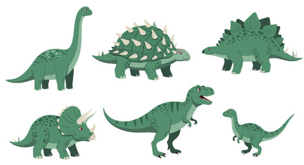 Fototapeta premium Collection of six popular green dinosaurs in a friendly cartoon style, including Tyrannosaurus Rex, Stegosaurus, and Triceratops.