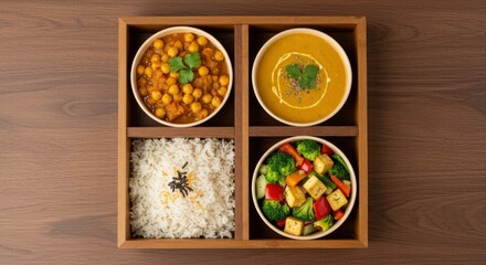 Delicious Indian Meal Bento Box with Chickpea Curry, Soup, Rice, and Vegetables