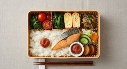 Delicious Japanese Bento Box with Salmon and Tamagoyaki