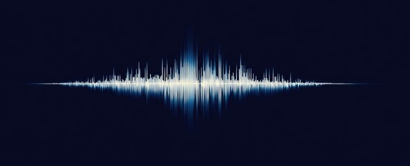 A blue and white audio waveform pulsates centrally against a dark navy background