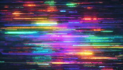 Abstract data flow of colorful horizontal lines. Lights form vibrant streaks across a dark backdrop