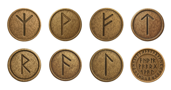 Collection of Germanic runes engraved on coins, isolated on transparent background