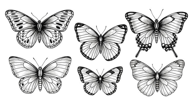Set of six intricately detailed butterflies in a vintage black and white engraving style, showcasing various wing patterns and shapes.