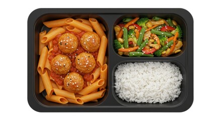 Delicious Penne Pasta with Meatballs and Mixed Vegetables Meal Tray