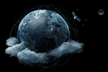 Digital globe with network overlay rests on clouds, satellite orbits