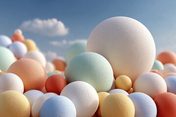 A collection of softly textured, pastel-colored spheres under a bright sky