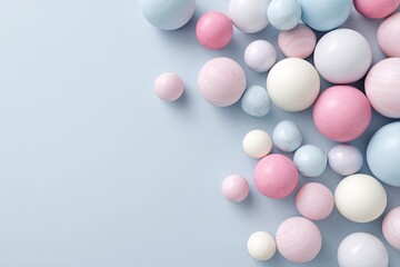 Soft, pastel-colored spheres cascade across a pale blue background