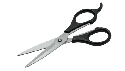 Sharp, open metal scissors with black handles on a black background