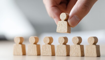 Hand selecting one wooden figure from a row of six