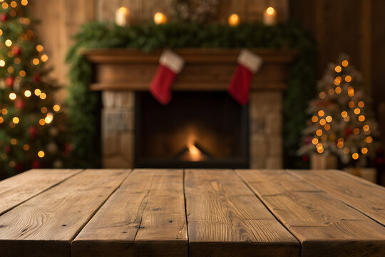 Rustic wooden table with blurred christmas fireplace and stockings in background - Powered by Adobe