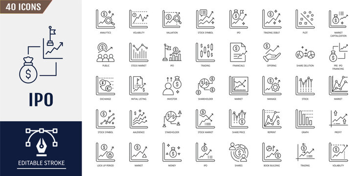 IPO icon set. Stocks, trading, shares, equity, stock market and more. Vector illustration