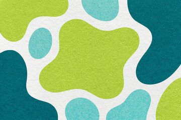 Abstract white, green, teal and turquoise background with amorphous shapes and spots, paper texture in flat design