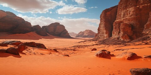 Sand dunes and rock formations in arid desert environment with clear blue sky.