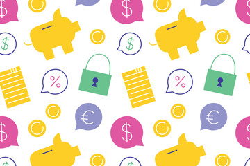 Flat cartoon vector illustration of finance pattern with coins, piggy banks, dollar and euro signs, percent symbols and lock icon, payment theme, seamless design for banking and economy projects