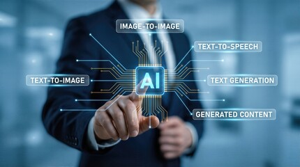 Businessman interacting with AI technology interface, showcasing various functions like text-to-speech and image generation, emphasizing innovation in artificial intelligence solutions