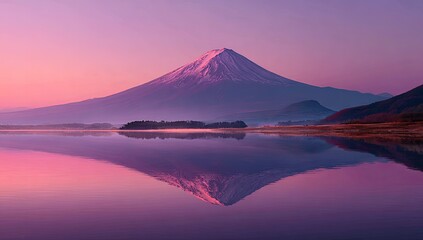 Majestic snow-capped peak reflected in calm waters under a vibrant, colorful dawn sky