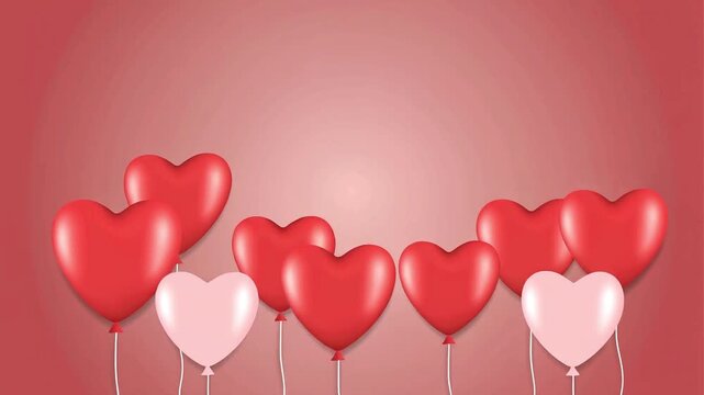 A cluster of heart-shaped balloons float gently in a soft, red-hued environment with a romantic ambiance.